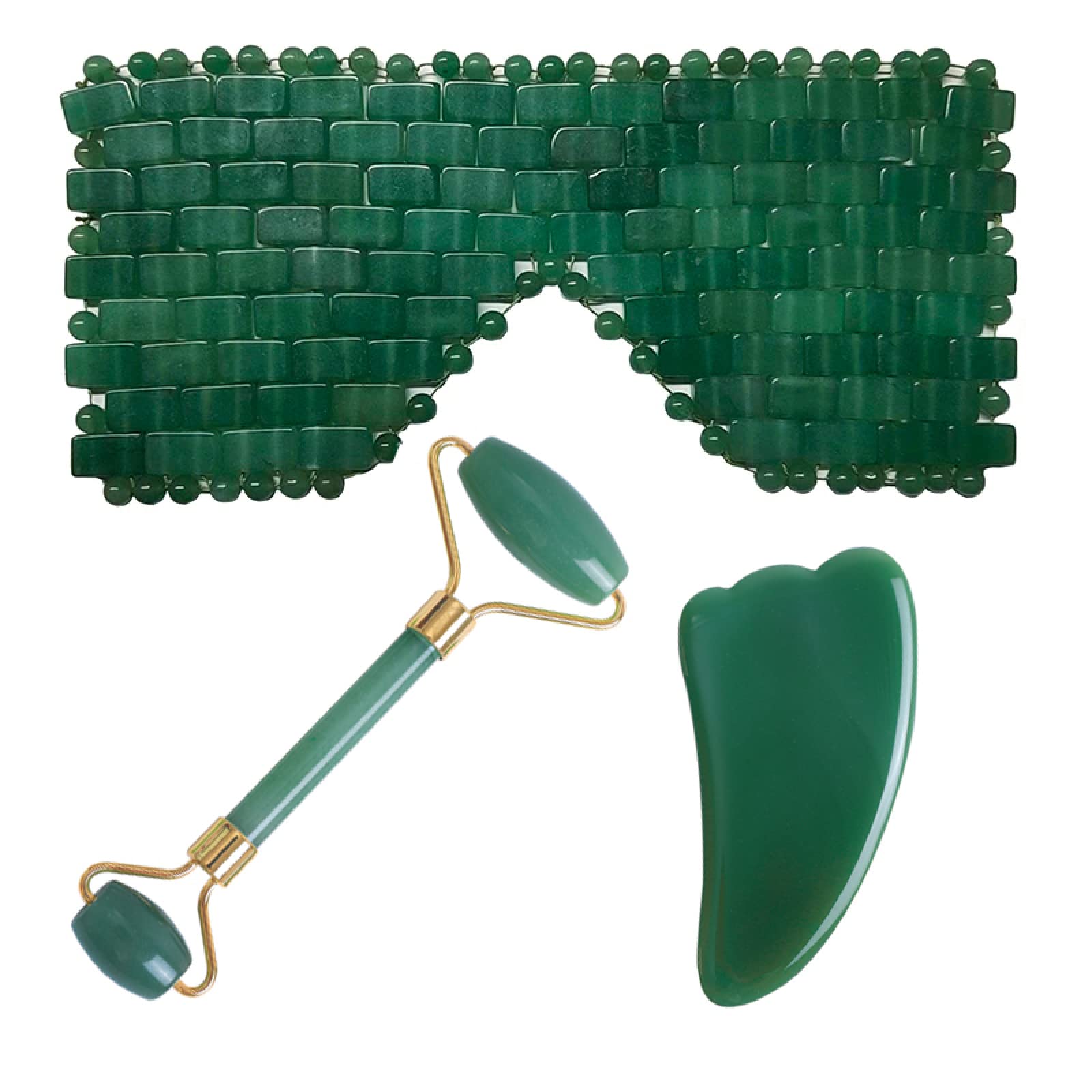 Grünes Urin-Augenmasken-Set, natürliches Jade-Kristall-Augen-Relax-Schlafmaske, Gesichtsroller, Gua-Sha-Massage, Typ 02 Voller Textur