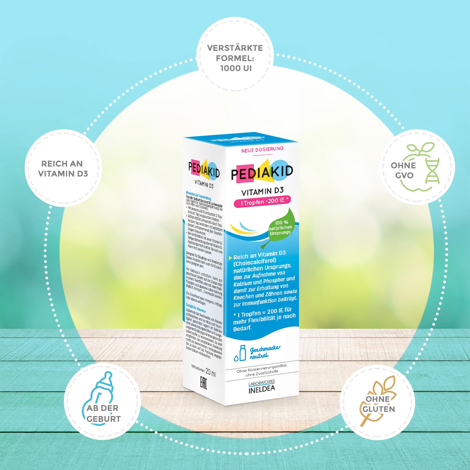 PEDIAKID - VITAMIN D3 - Optimiert die Vitamin-D-Versorgung - Trägt zur Aufnahme von Kalzium und Phosphor, zur Erhaltung von Knochen und Zähnen und zur Immunfunktion beiträgt - 3 x 20 ml