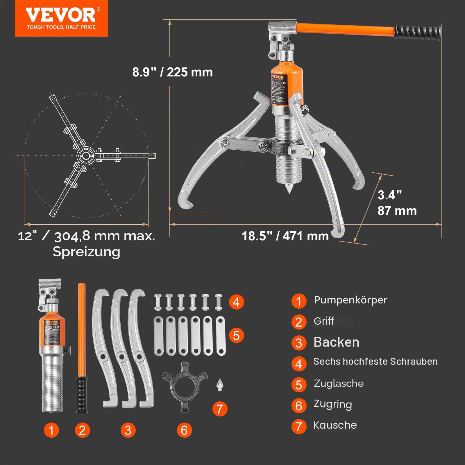 VEVOR Abzieher Werkzeug Lagerabzieher 15 t, Zweibacken & Dreibacken Kugellager Abzieher Innen Außen 304,8 mm Max. Spreizung, Parallelabzieher Lagerabzieher Set Kfz Abzieher Werkzeug Hydraulisch