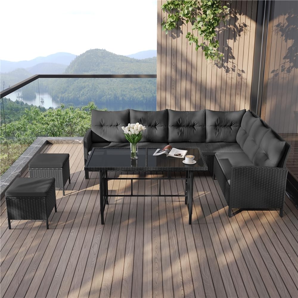 Yaheetech Juego de Muebles de Jardín 4 Piezas, Sofás de Ratán para Exterior con Mesa de Vidrio Templado Mesa y Sillas para Balcón Terraza Patio, Negro/Gris - 2