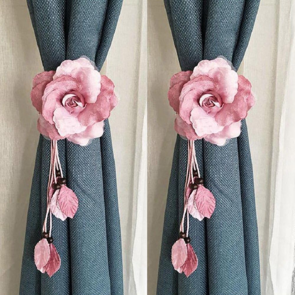 qbodp 2 Pack Curtain Tiebacks Flower Tie Backs for Drapes, Elegant Decorative Curtain Holdbacks Curtain Ties Decorative Rope for Girl Room, Pink
