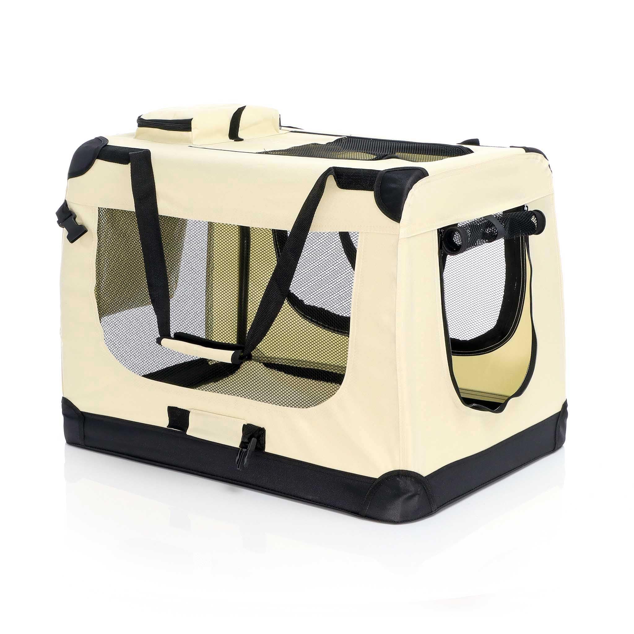 Fudajo Składany transporter dla psa i kota XL (82x56x58 cm) beżowy, klatka transportowa z poduszką, lekka torba do samochodu dla zwierząt do max. 20 kg