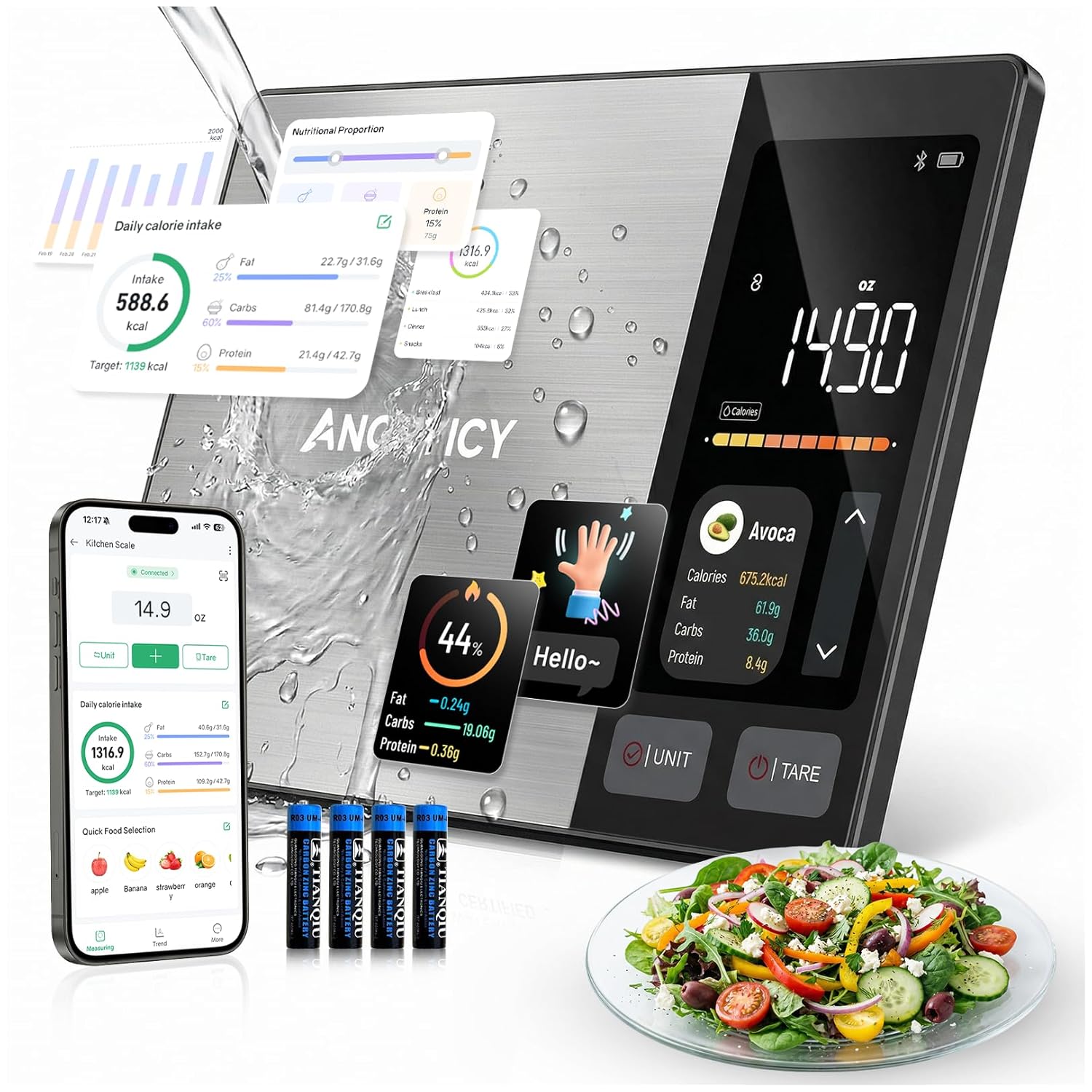 Smart Food Scale with Nutritional Calculator, Free APP with 24 Nutrients Tracking, Calorie, Macro, Premium Stainless Steel Digital Food Scale for Meal Prep Weight Loss, Grams/Ounces, 11lb Capacity