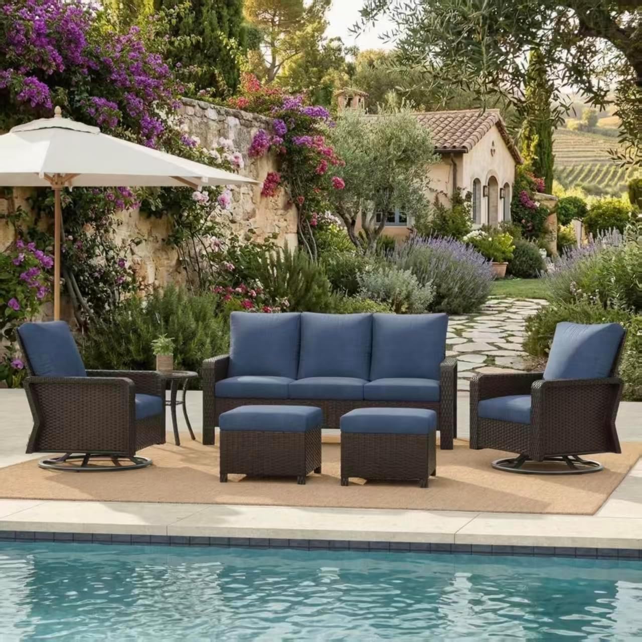 Dancongtea 6-Piece Wicker Patio Furniture Set, All-Weather Outdoor Conversation Set with 3-Seater Sofa, 2 Swivel Chairs, Ottomans & Cushions, Navy Blue