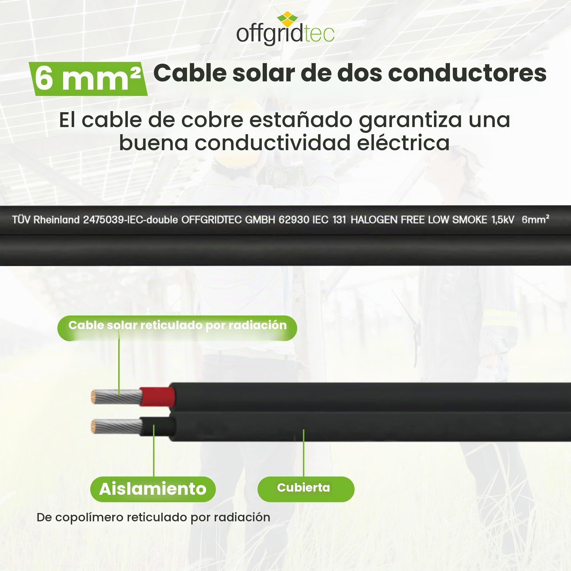 Offgridtec Cable solar de 2 x 6 mm², cable fotovoltaico de dos hilos para sistemas solares, diseño flexible y separable, conductor de cobre estañado con aislamiento XLPO, cable de alimentación CC