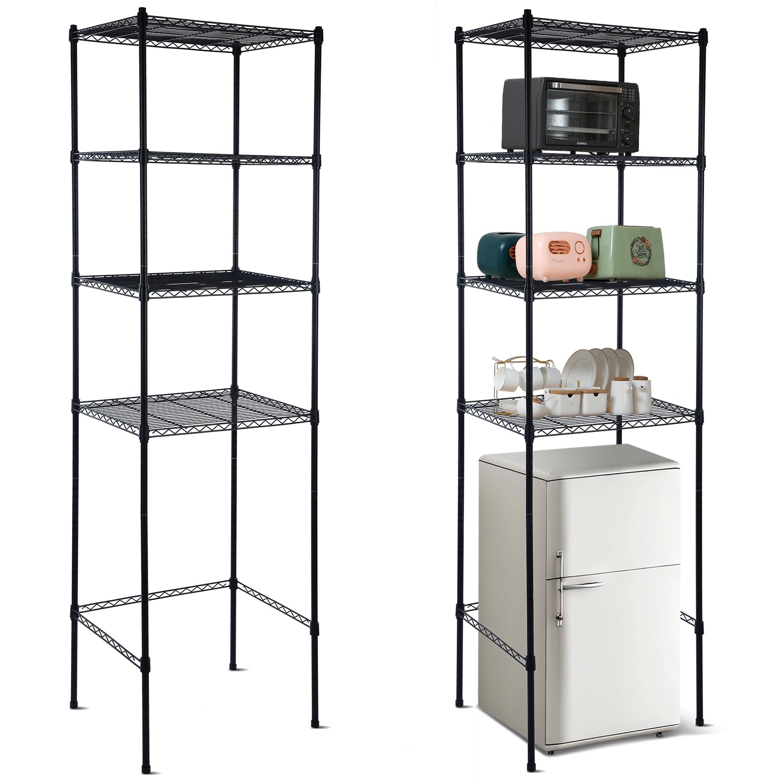 Huwena 4 Tier Mini Fridge Stand with Storage for Dorm Microwave Stand Over Mini Fridge Storage Shelf Adjustable Height Organizer for College Rooms Kitchen Pantry(Black)