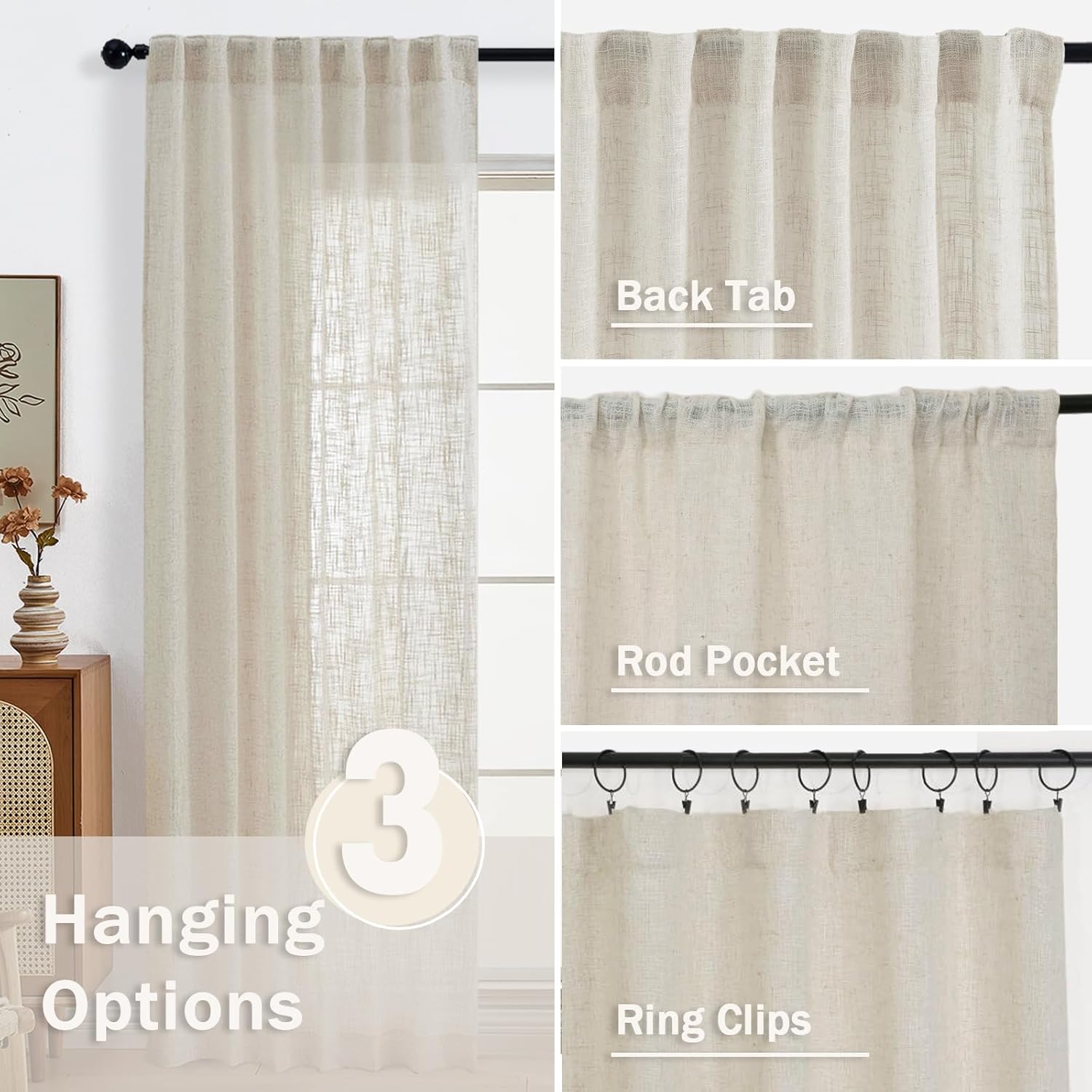 Simplebrand Natural Semi Sheer Curtains 84 Inches Long 2 Panels Set for Living Room Bedroom, Linen Textured Light Filtering Curtains Sheer, Back Tab Farmhouse Window Drapes, Natural, 52 x 84 Inch