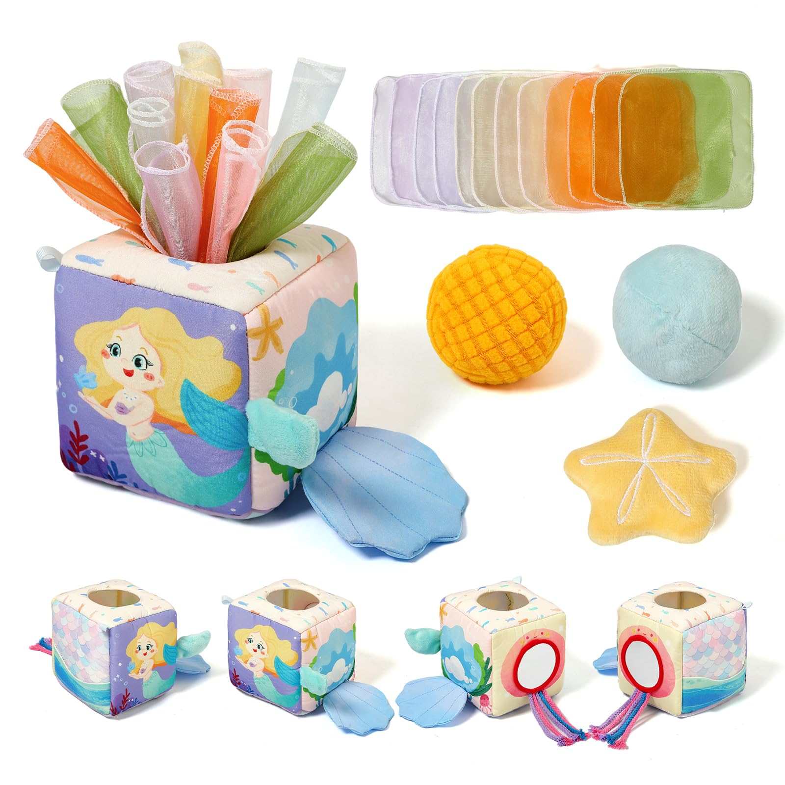 WOODEN TEETHER Baby Tissue Box Toy Mesi Montessori Sensorial Giocattolo, Promuove Le capacità sensoriali e motorie, con specchi, Colori, Trame, Suoni, Ragazzi e Ragazze (Sirena)