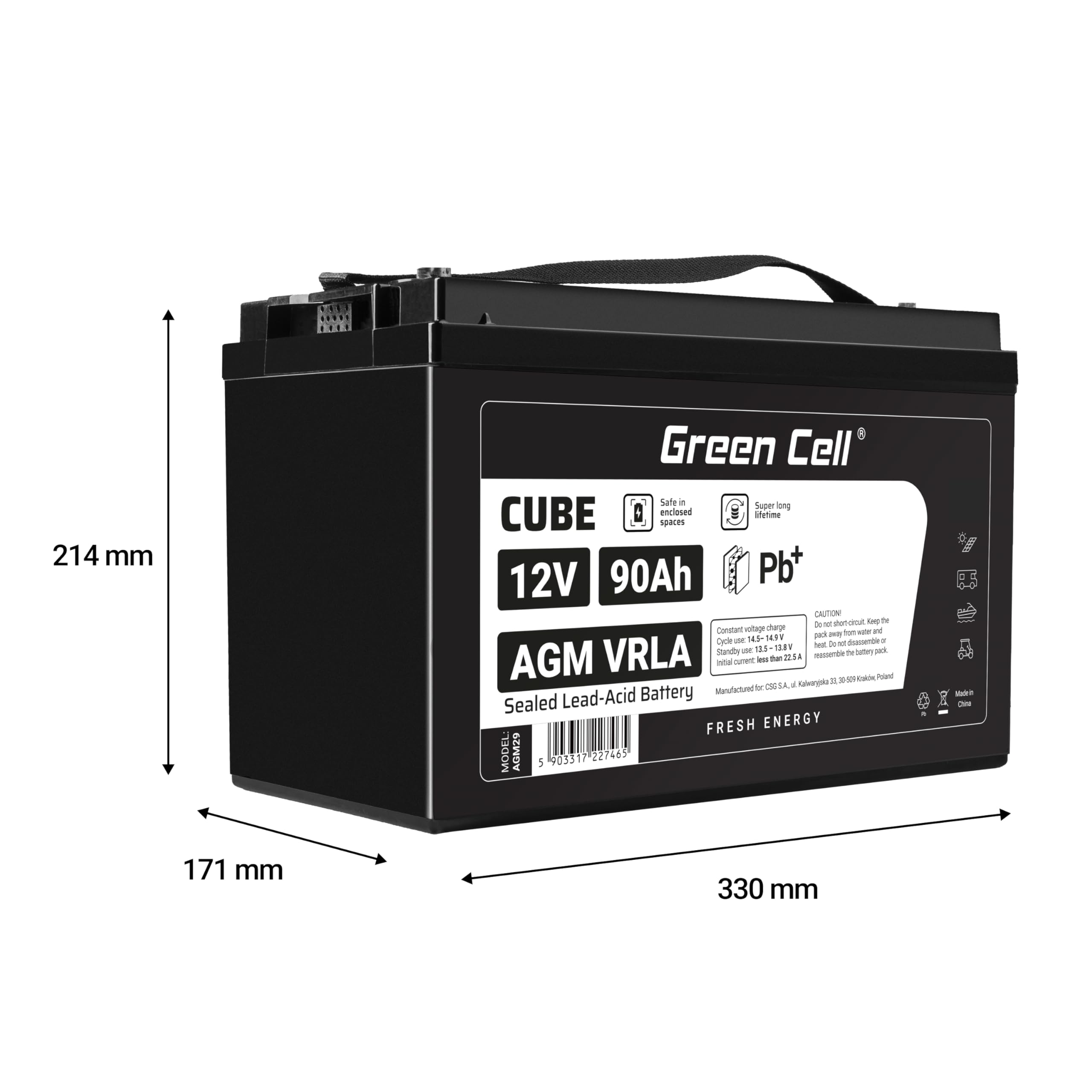 GreenCell® Batteria AGM 12V 90Ah al piombo accumulatore sigillata VRLA Senza manutezione ricaricabile Batterie di ricambio ermetica | Fotovoltaico | Barca | Sedia a rotelle | Solare | Camper | RV