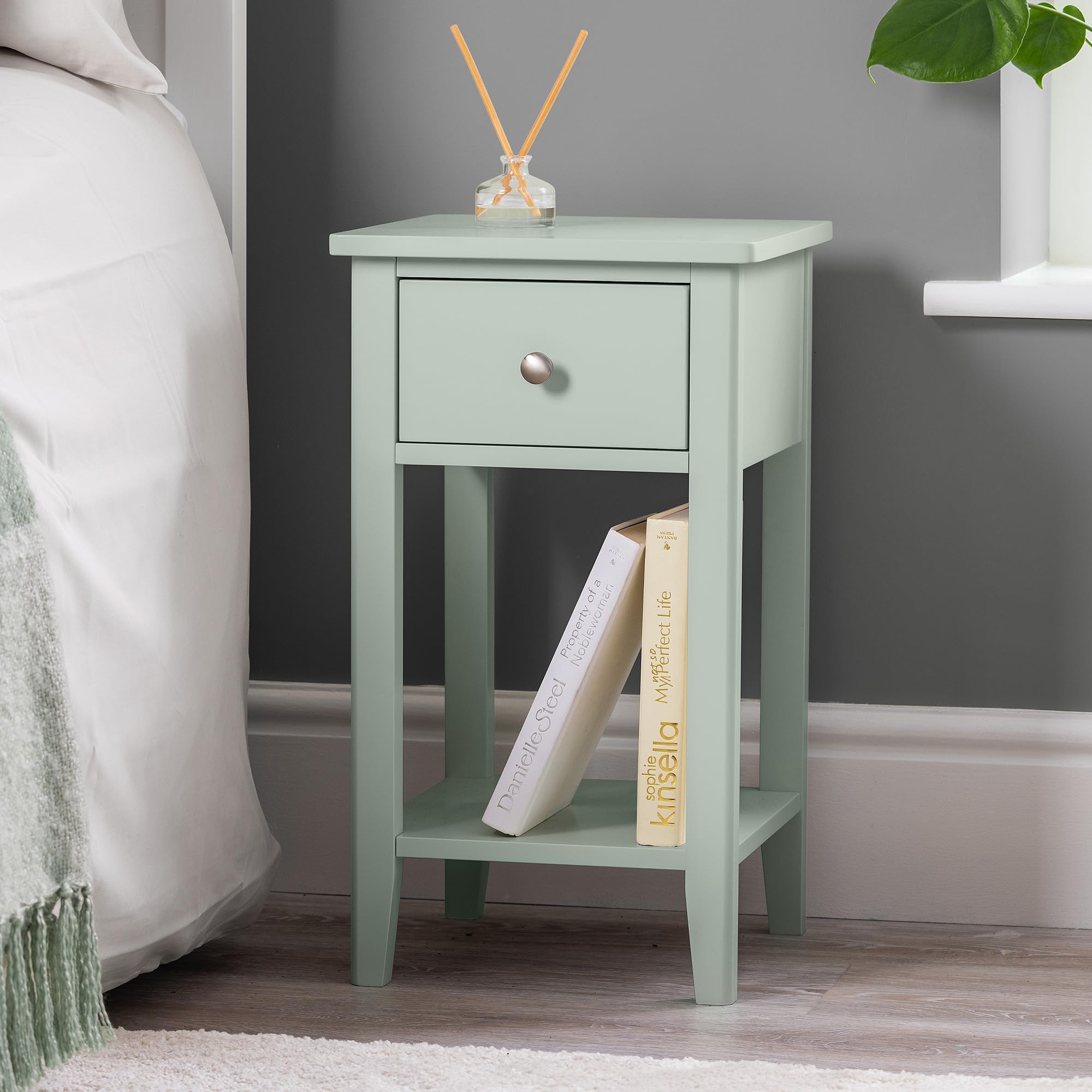 Christow Sage Slim Green Bedside Table With Drawer & Shelf, Modern Narrow Bedroom Nightstand, Wooden Mdf Side End Stand For Living Room Hallway Sofa, Brushed Chrome Handle (H57cm X W32cm X D32cm)