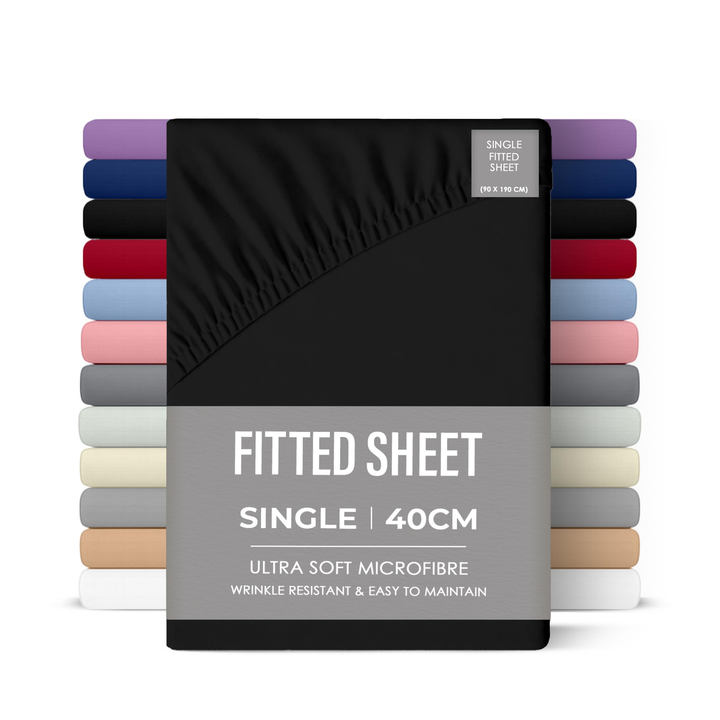 Rohi 40cm Deep Microfibre Fitted Sheet Single Bed – Comfy Soft & Breathable Deep Fitted Sheet with Elasticated Corners – Hypoallergenic & Durable Bed Sheet (Black, 90 x 190cm)
