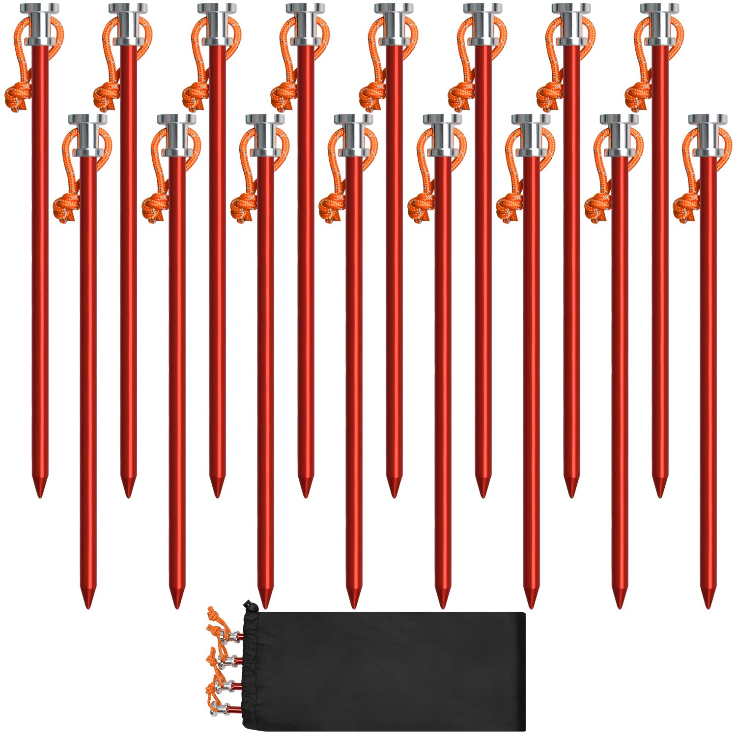Tent Stakes, 16 Pack Heavy Duty Lightweight 9" Aluminum Tent Stakes Pegs with Rope Head and Storage Bag, Canopy Stakes Pegs for Camping, Canopy, Outdoor(16 Pack Red)