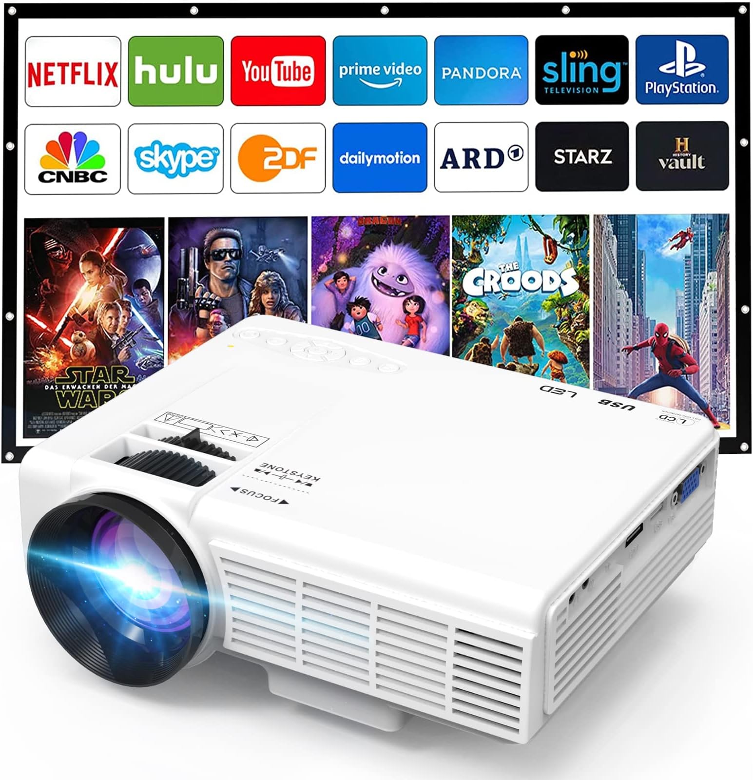 Mini Projector, 1080P Full HD Supported, Portable Movie Home Theater Projector Compatible with TV Stick Smartphone & Tablet PC HDMI USB AV TF