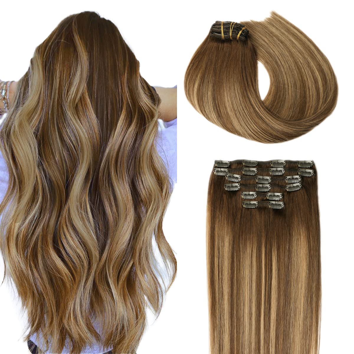 SURNEL Extensiones Clip Pelo Natural 100g 40cm 6 Piezas Rubio Platino Claro Extensiones De Clip De Humano Real Extensiones Pelo Remy Natural (C#60-40cm) — view 15