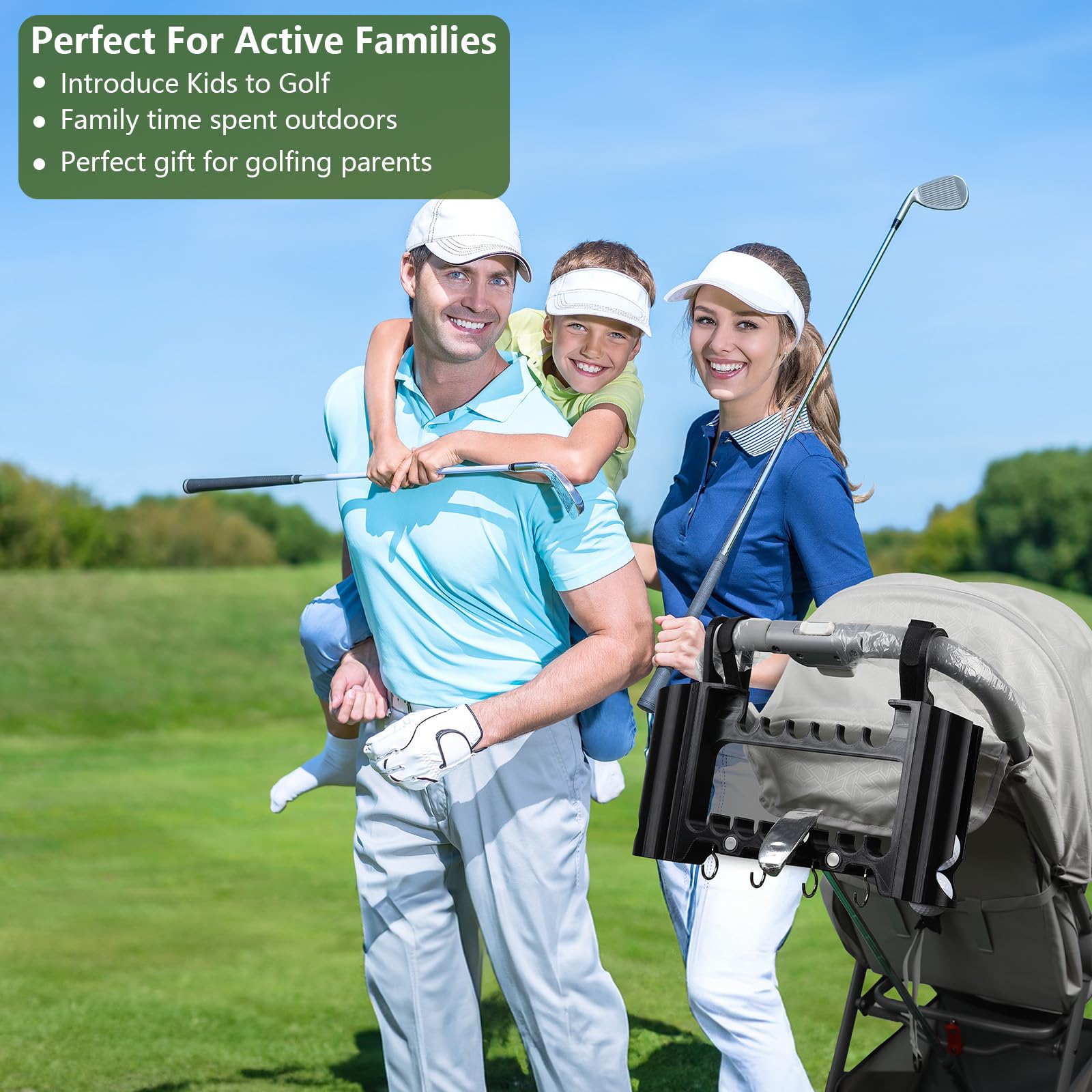 Golf-Kinderwagen-Aufsatz – Golfschlägerhalter für Kinderwagen, inkl. Golfballhalter, Tee-Halter, Gurten, Haken und Magneten – perfektes Golfgeschenk, fördert frühe Golffähigkeiten, einfache Montage