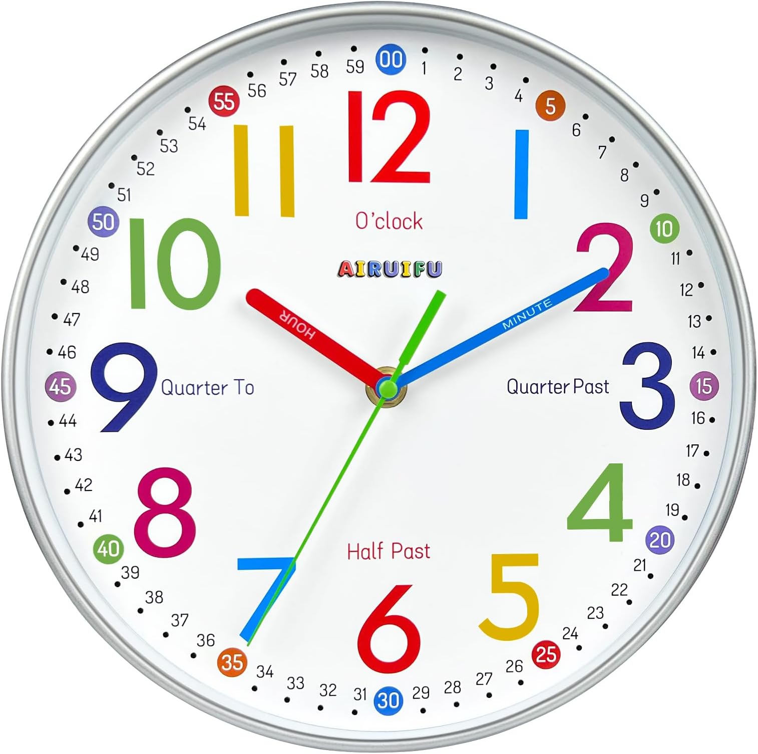 AIRUIFU Telling Time Teaching Clock - Learning Wall Clocks for Bedrooms Kids Clock- Silent Analog for Time,for School Classrooms Playrooms and Bedrooms, for
