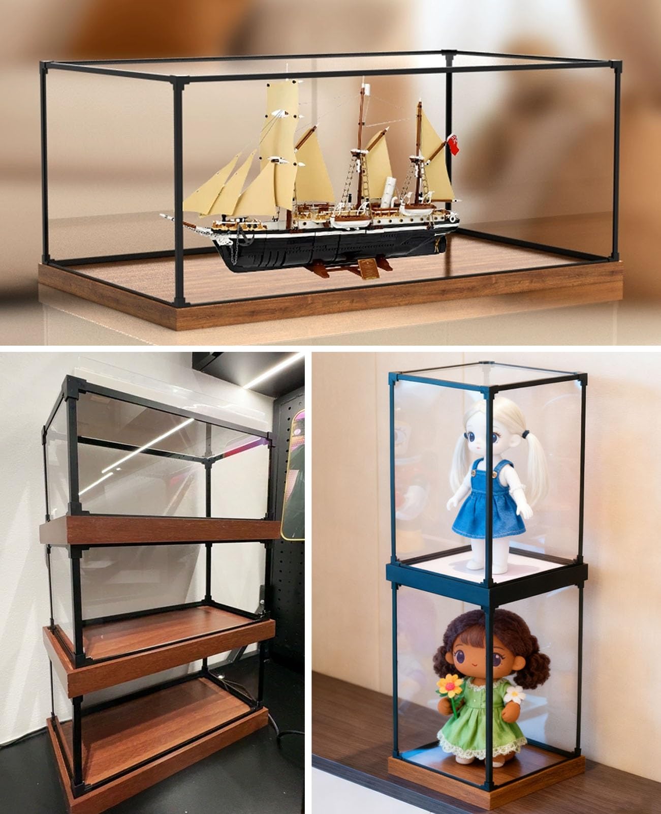 Vitrina Expositora Vitrina de Acrílico con Marco de Metal Negro | Caja Expositora Antipolvo, Vitrina con Base de Madera para Coleccionables, Maquetas de Barcos, Figuras
