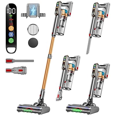Cordless Vacuum Cleaner, 600W/50KPA/65Mins Vacuum Cleaners for Home, Super 1.8L Cup& Large LED Screen Stick Vacuum Anti-Tangle, Lightweight Cordless Vacuum with Charging Dock for Pet Hair/Carpet/Floor