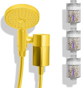 Sproos - Handheld Showerhead with Filter Set + 3 Extra Filter Cartridge, High Performance Filtration System for Healthier Hair and Skin, Yellow