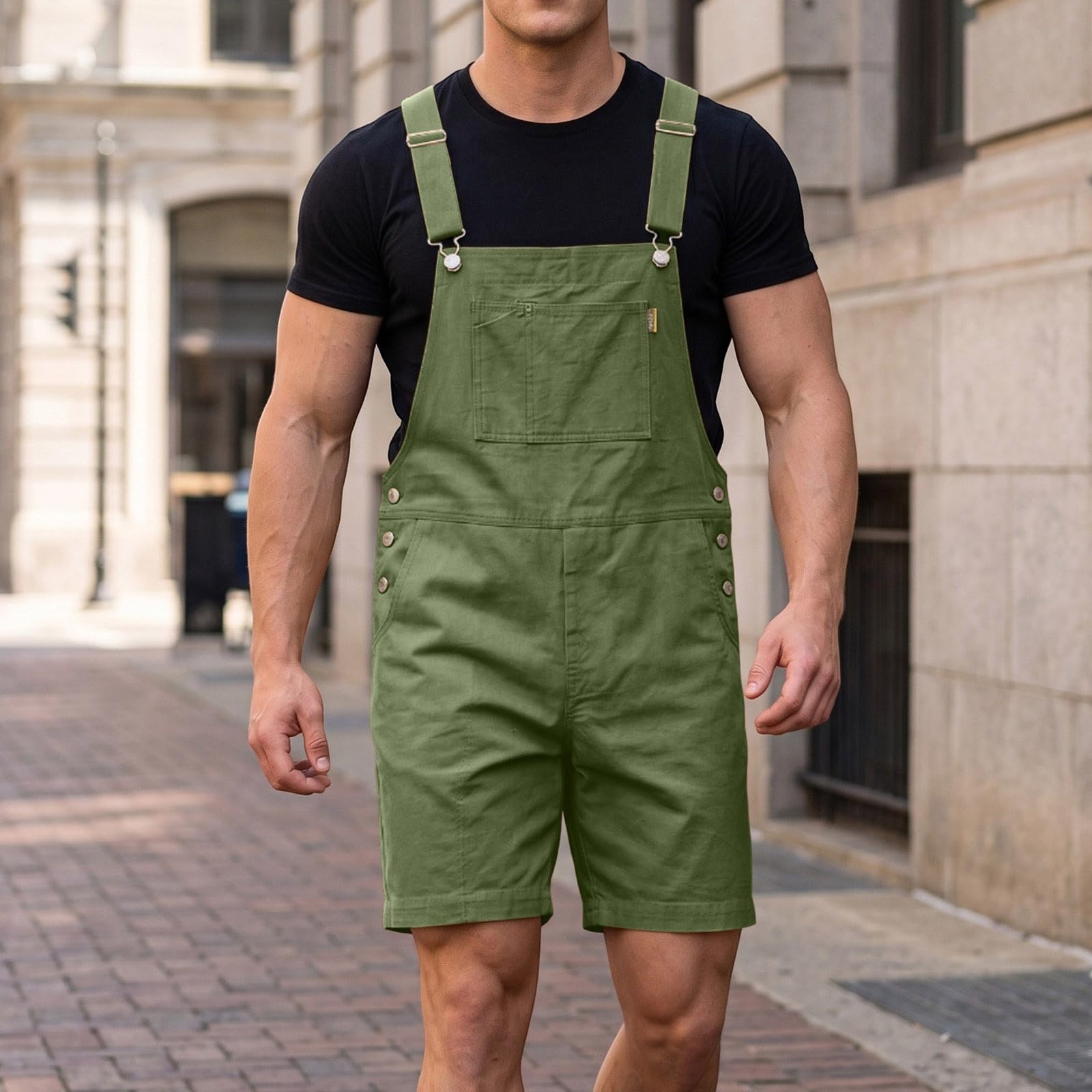 Peto corto para hombre de trabajo, mono de denim resistente, holgado, corte grande, con muchos bolsillos cargo, tirantes ajustables, aspecto retro para verano, taller, tiempo libre