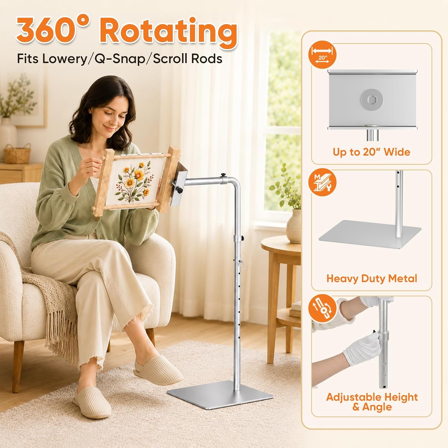 Workstand with Side Clamp, Adjustable Cross Stitch Floor Stand, Rotating Needlepoint Stand, Fits Lowery Stand, Q-Snap Frames and Scroll Rods Up to 20" Wide, Heavy Duty Metal Construction