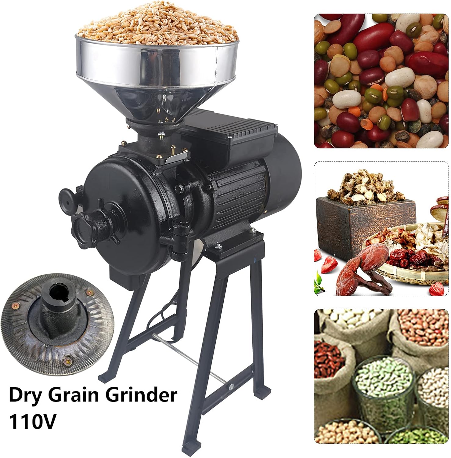Electric Grain Mill Grinder,110V 2200W Commercial Electric Feed Mill Dry Grinder,Heavy Duty Milling Machine Rice Corn Grain Coffee Wheat with Funnel（Black）