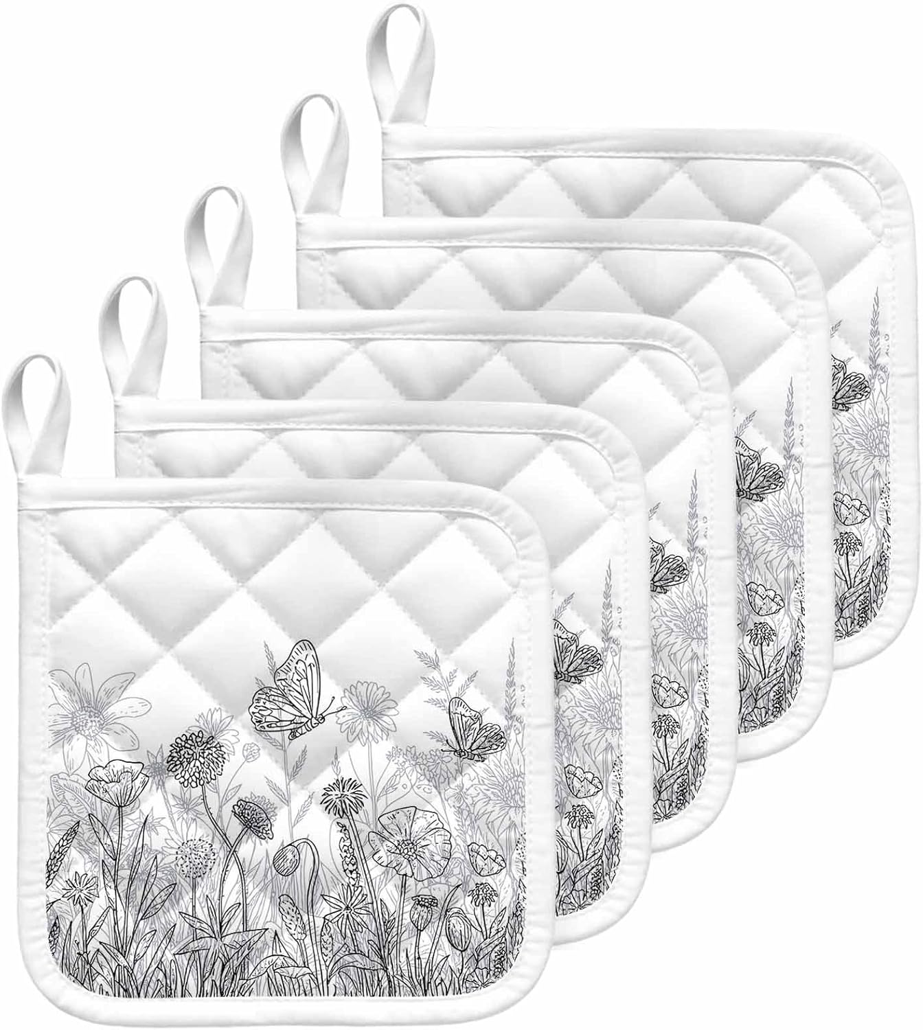 Grey Wildflowers Pot Holders for Kitchen Heatproof Potholder, 5 Pack Modern Spring Floral Butterfly Plant Hot Pads Multipurpose Oven Pads Cloth Potholders Trivet for Cooking Baking