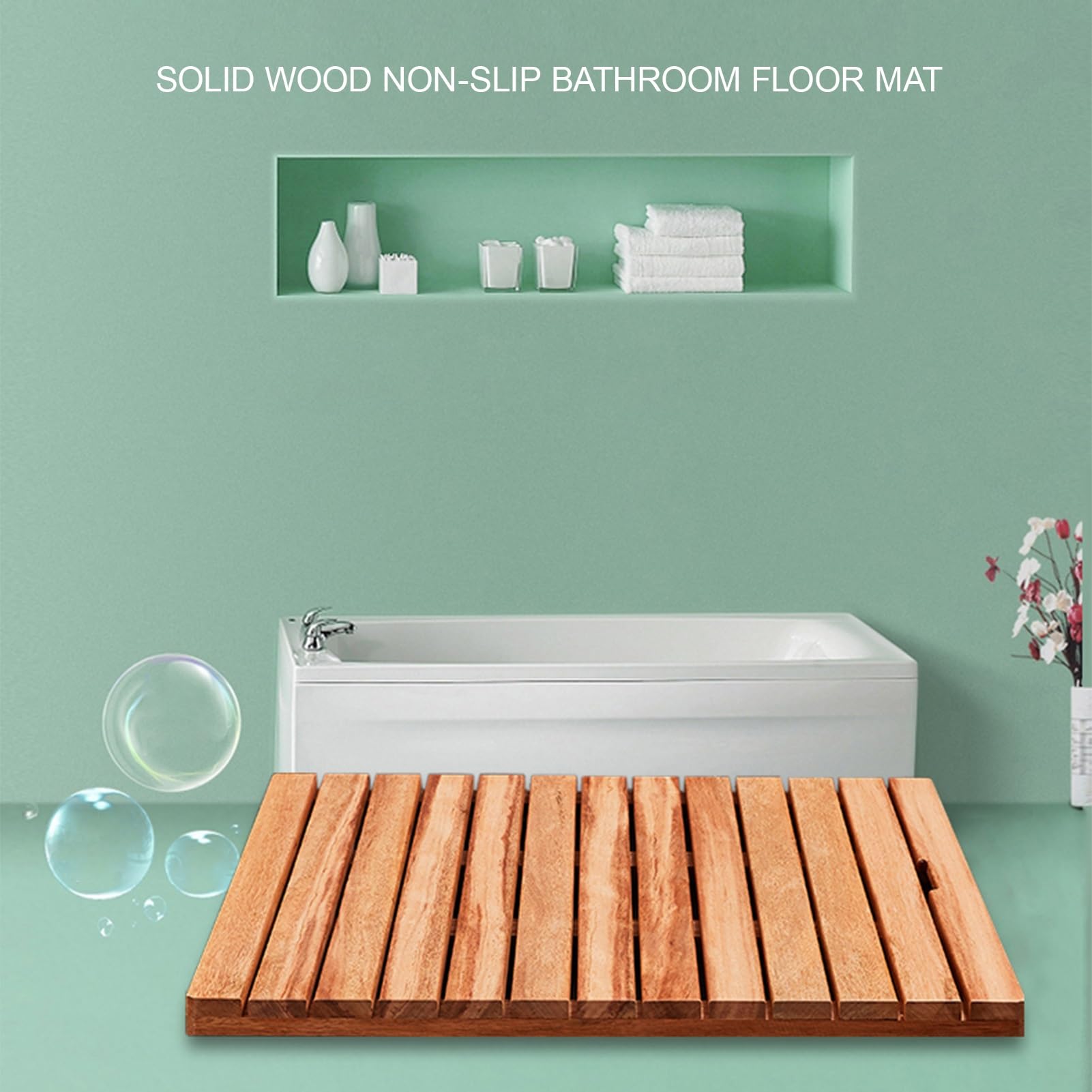 Rutschfeste Lar Teak-Duschbodenmatte mit Ablaufloch, 30 x 55 cm, Badematte für Innen- und Außenbereich, Wellnessbereich, Holz-Duschmatte für Badezimmer und Hof
