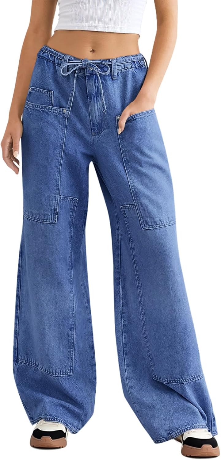 Cicy Bell Womens Wide Leg Jeans Vintage Mid Rise Baggy Boyfriend Belted Denim Pants with Pockets