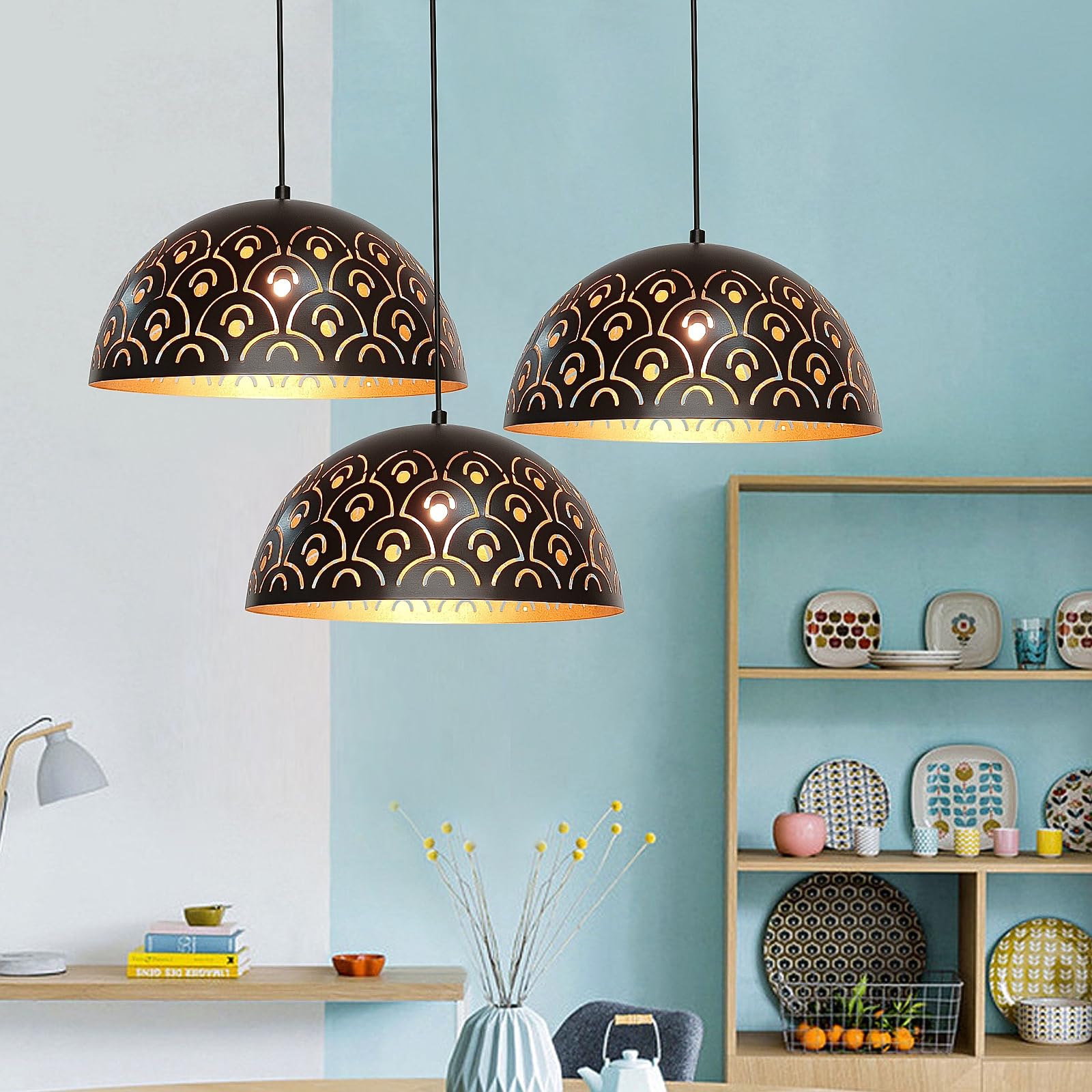 YNDD Lampadario Cucina Vintage Nero e Oro, Lampada a Sospensione Retrò E27 Altezza Regolabile Luce Sospensione Tavolo in Metallo Industriale per Sala da Pranzo Camera da Letto Soggiorno Ø: 30 cm