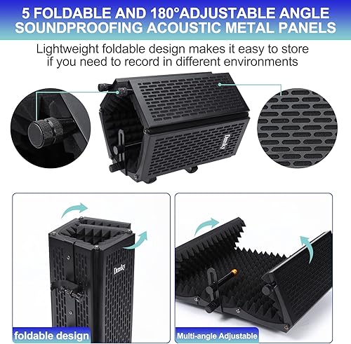 Miniatura 9 de Dmsky Escudo de aislamiento de micrófono de grabación con filtro pop y soporte para trípode, protector de micrófono plegable con triple aislamiento