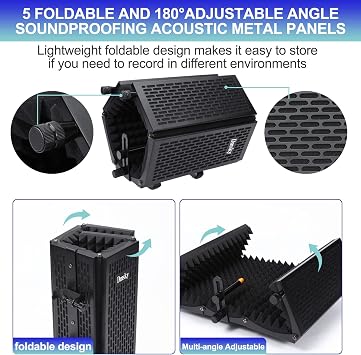 Dmsky Microphone Isolation Shield with Pop Filter & Tripod Stand, Foldable Mic Shield with Triple Sound Insulation, High Density Mic Sound Shield for Recording Studio, Podcasts, Singing, Broadcasting