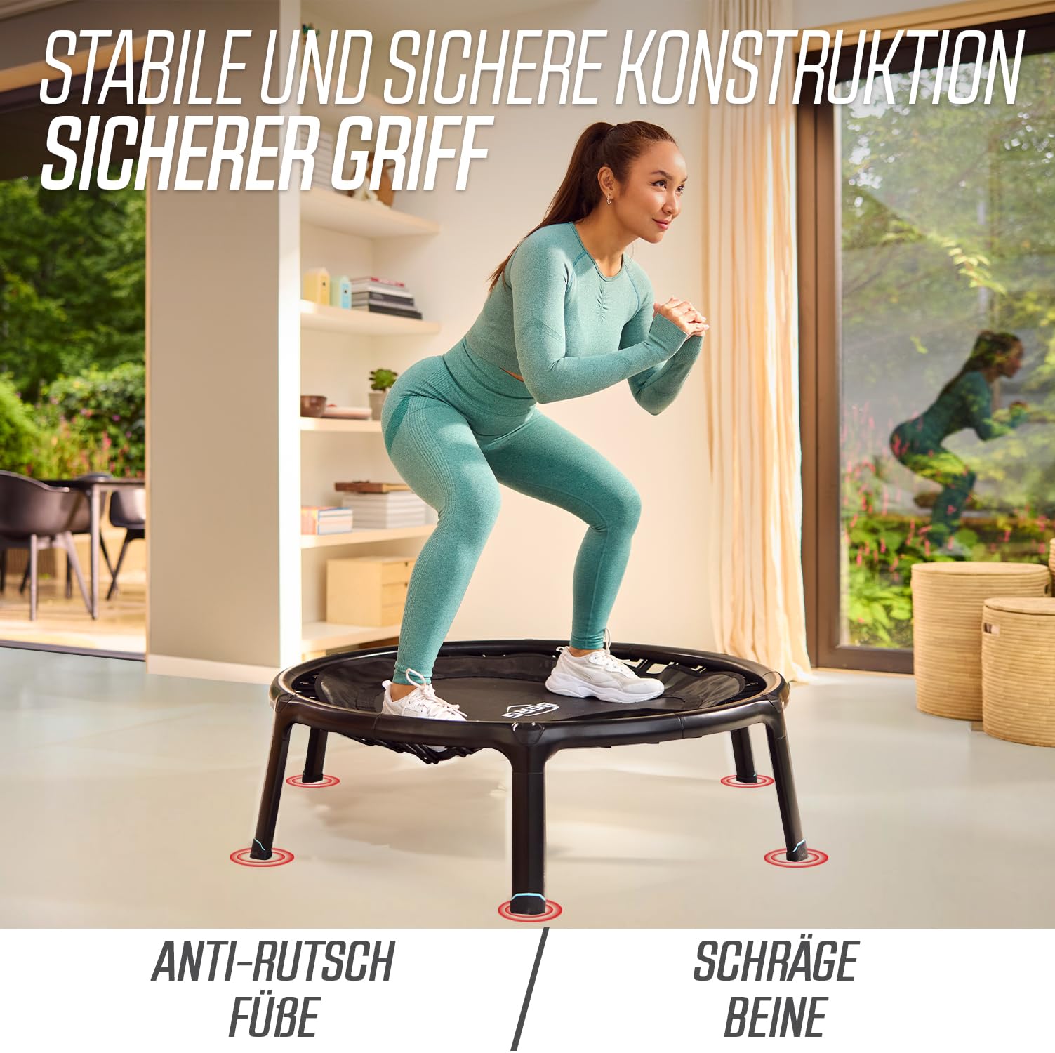BERG Fitnesstrampolin 110 | Ø110 cm | Indoor Trampolin klappbar | Jumping Trampolin Fitness für Kraft | Cardio und Yoga | Mit Sicherheitsnetz