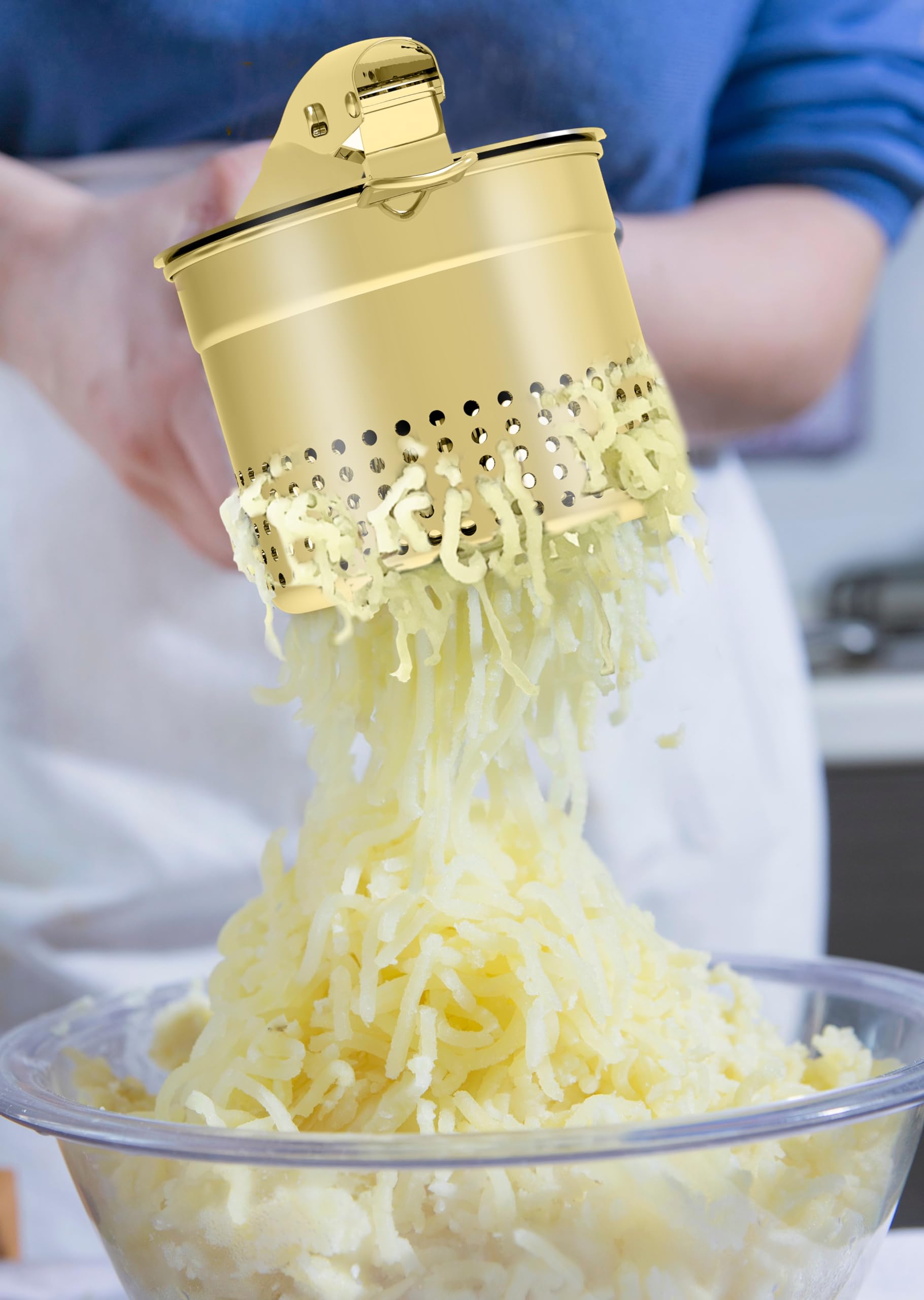 GloTika Großer 425 ml Kartoffelpresse Stampfer, robuster Edelstahl-Kartoffelstampfer mit ergonomischem Griff, Stampfer und Presse, Küchenwerkzeug für Kartoffelbrei, Nudelmacher, Gold