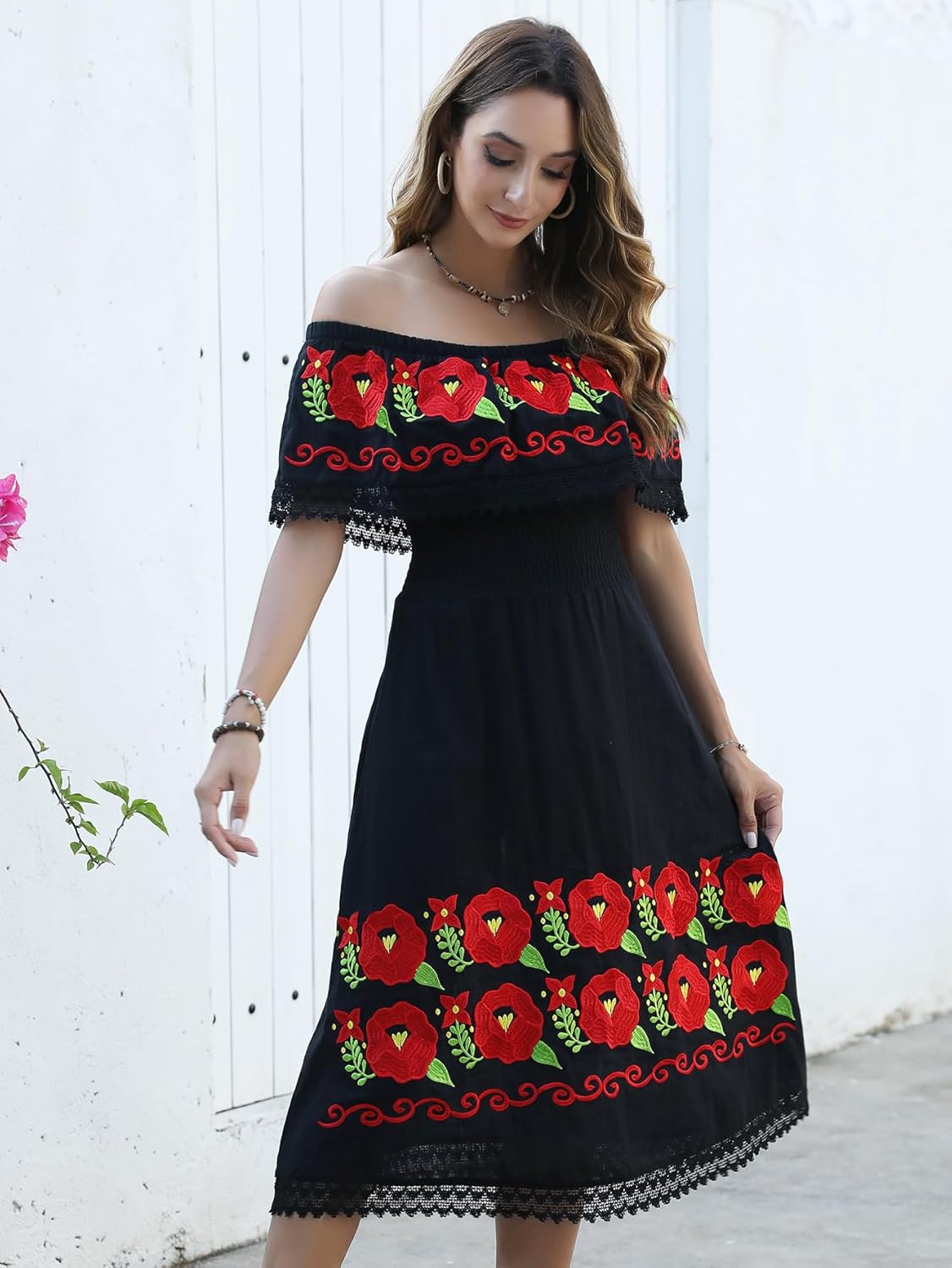 Mexican Dress for Women Embroidered Traditional Floral Fiesta Off The Shoulder Dresses Diverse Embroidered Patterns
