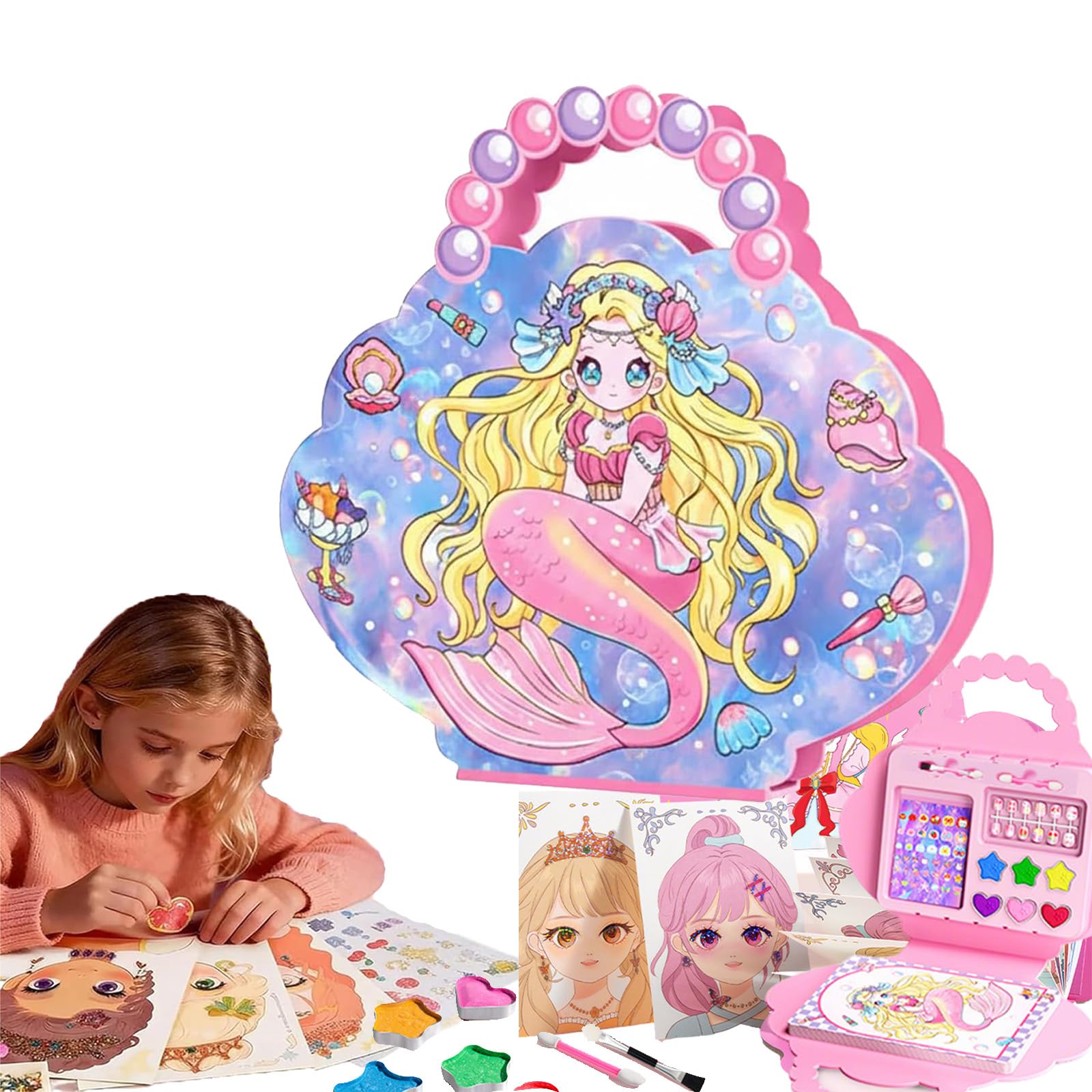 Qosneoun Princess Glam Magic Kit, The 4-in-1 Glam Book with Diamond Painting, Poked Art, Watercolor Painting & Stickers, Magical Princesses Dress Up Activity Kit (Mermaid: Nail Art + Makeup)