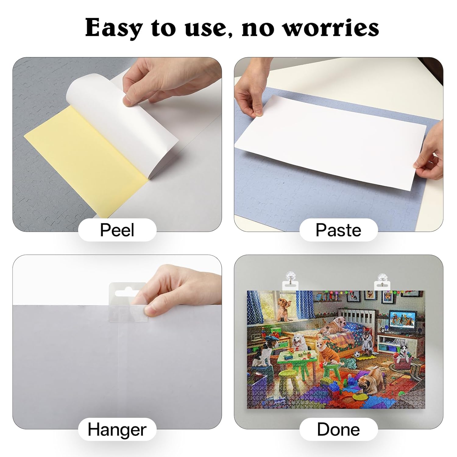 48 Puzzle Saver Sheets with 8 Adhesive Hooks, Self-Adhesive Puzzle Glue Sheets for 1000–3000 Piece Jigsaw Puzzles, No Mess Peel & Stick Puzzle Preserver for Wall Hanging