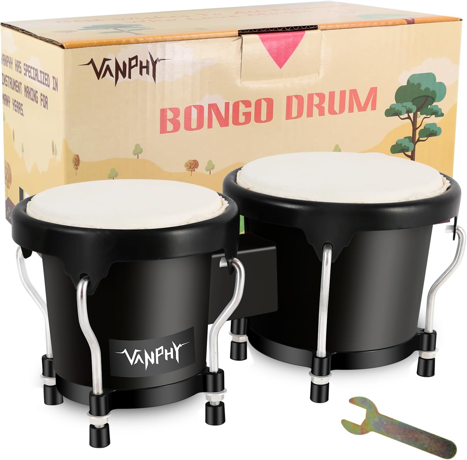 VANPHY Bongo Drum 4'' and 5'' Set for Adults Beginners Tunable Natural