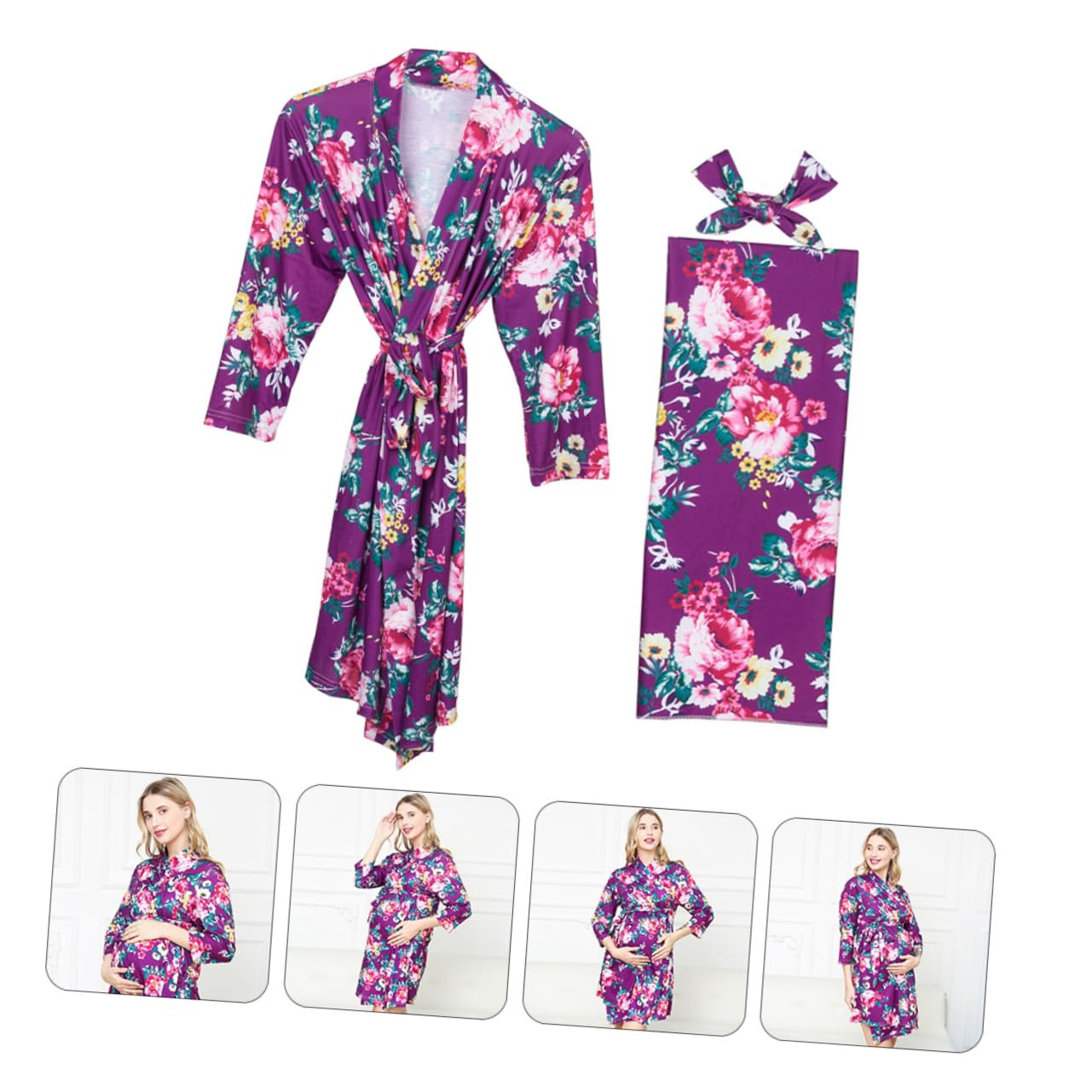 SHERCHPRY 3pezzi Vestaglia da Allattamento per Donne Gravidanza con Copertina per Fascia per con Fiocco Comoda e Elegante per Mamma