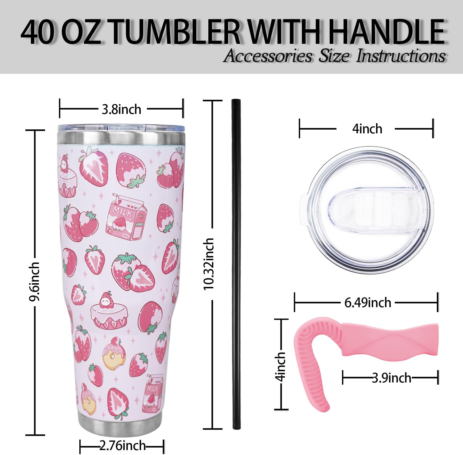 Strawberry 40 Oz Tumbler with Handle and Straw, Cute Stainless Steel Vacuum Insulated Tumbler Iced Coffee Cup Water Bottle Travel Mug, Strawberry Gifts for Women Decor Stuff Pink - Image 7