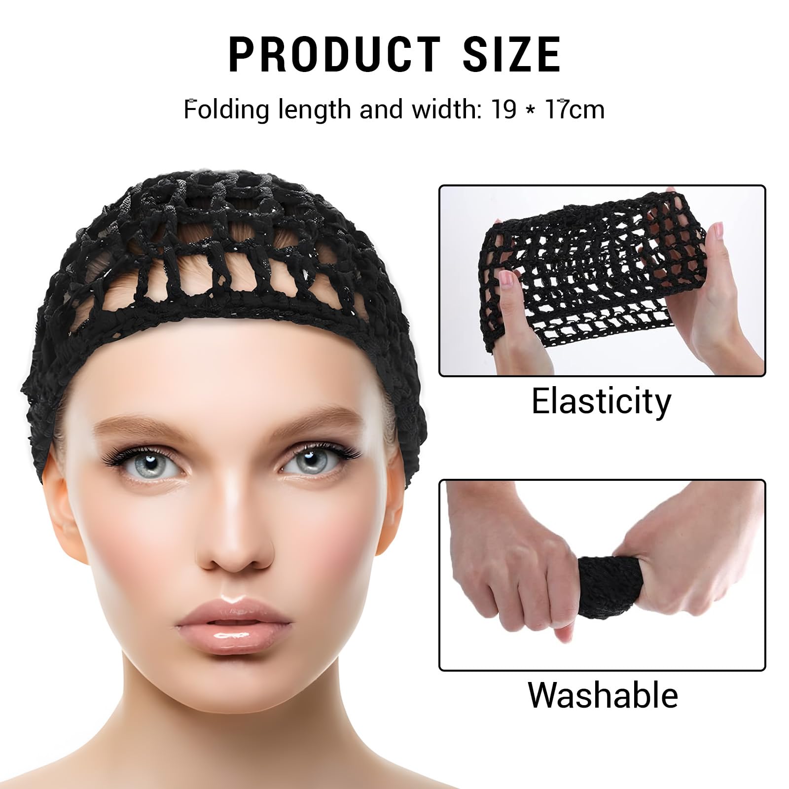 FunnAura 3 PCS hair nets for sleeping in Mesh Hair Net for women (Black), 19 * 17 cm - Image 2
