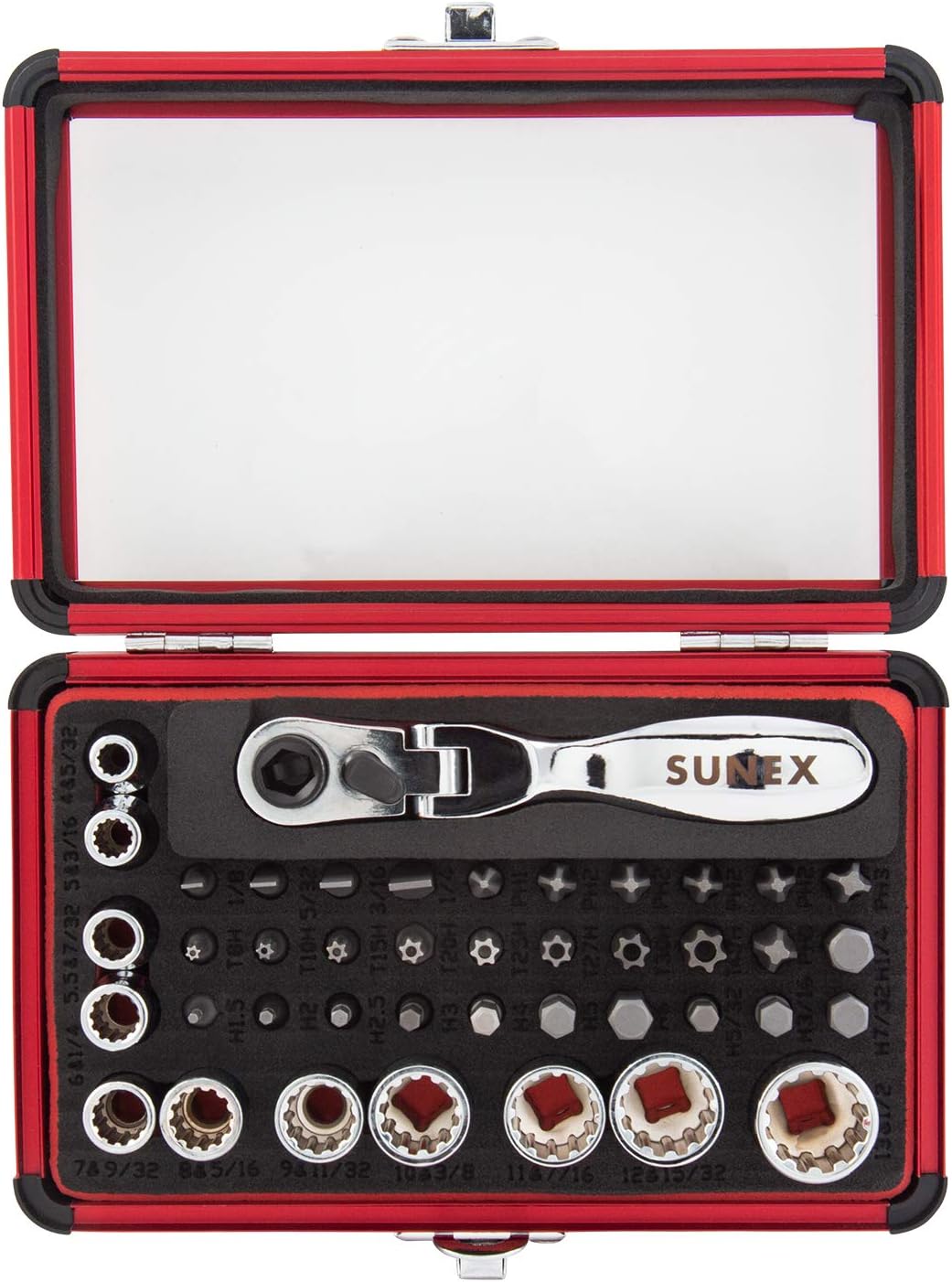 SUNEX TOOLS 9732 44Pc 1/4" Dr Mini Dual Flex Head RATCHET W Socket & Bit Set