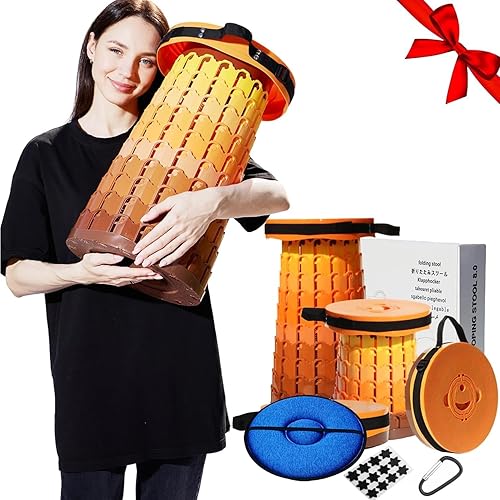 Taburete plegable portátil mejorado de 19.7 pulgadas con cojín retráctil telescópico plegable para adultos, resistente, campamento, resistente, con