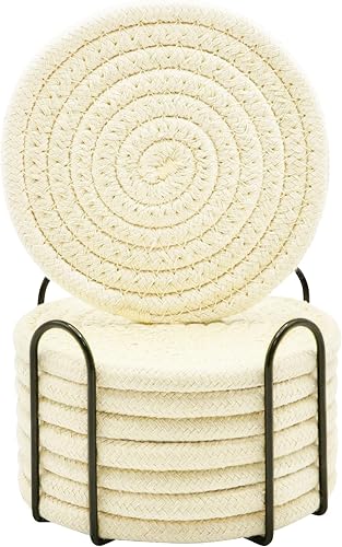 Miniatura 25 de ABenkle Juego de posavasos con soporte de 10 unidades, posavasos absorbentes tejidos de algodón para bebidas, juego de posavasos minimalista