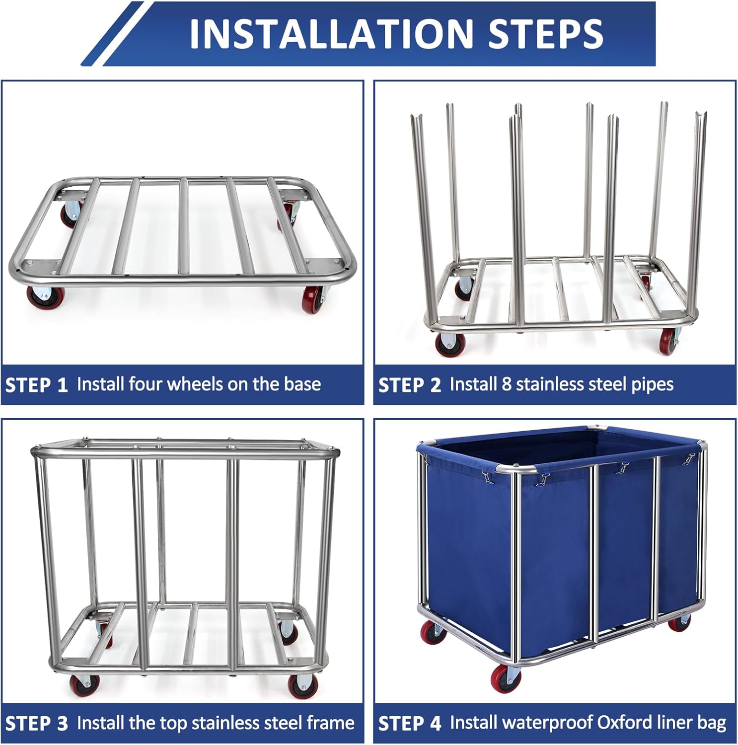 Commercial Laundry Cart with Wheels,11.35 Bushel Large Industrial Laundry Hamper,Industrial Laundry Cart with Stainless Steel Frame and Waterproof Oxford Cloth,440Lbs