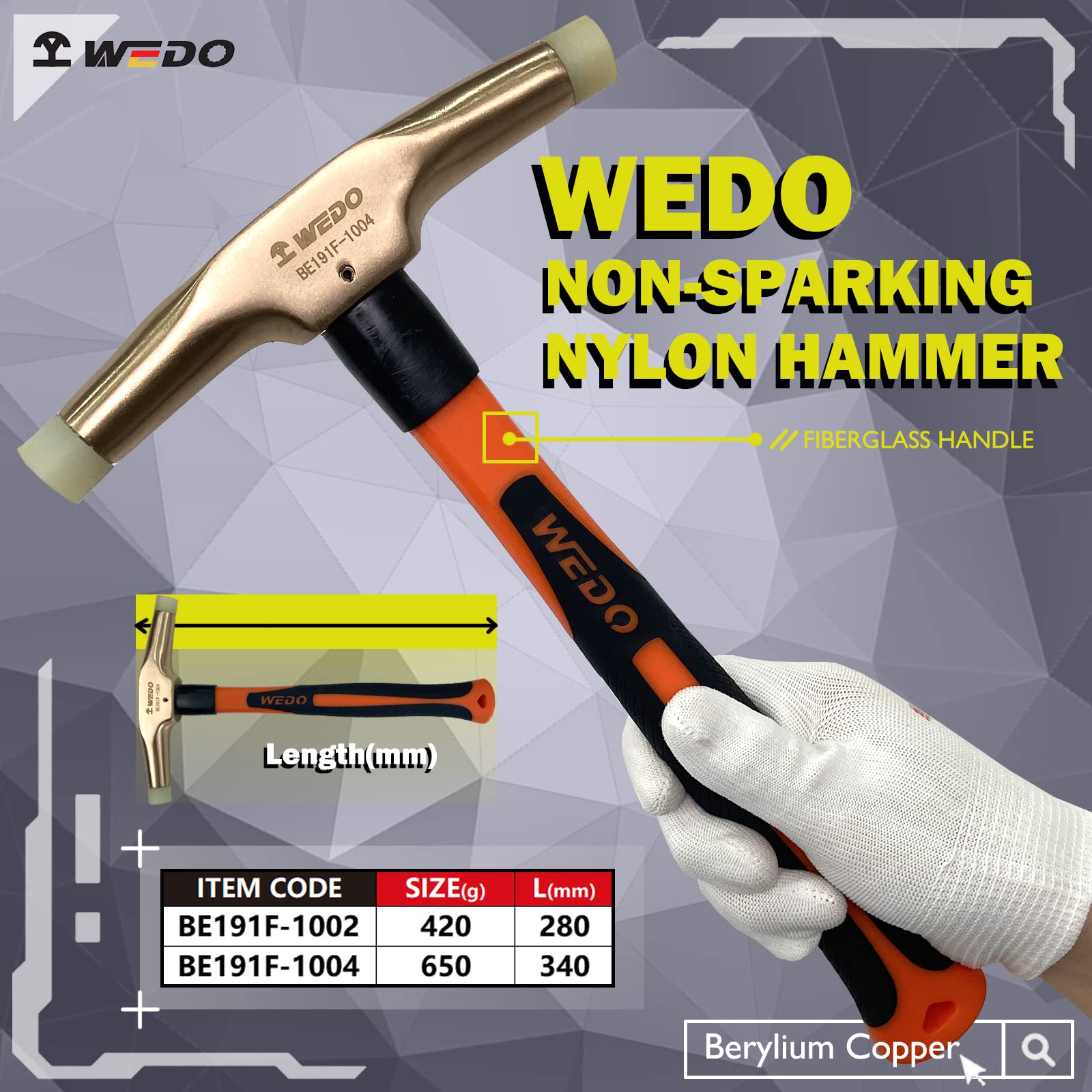 WEDO Młotek z nylonową końcówką, młotek nieparkingowy, miedź berylowa, głowa, 420 g, długość 280 mm, młotek tapicerski, uchwyt z włókna szklanego, certyfikat BAM
