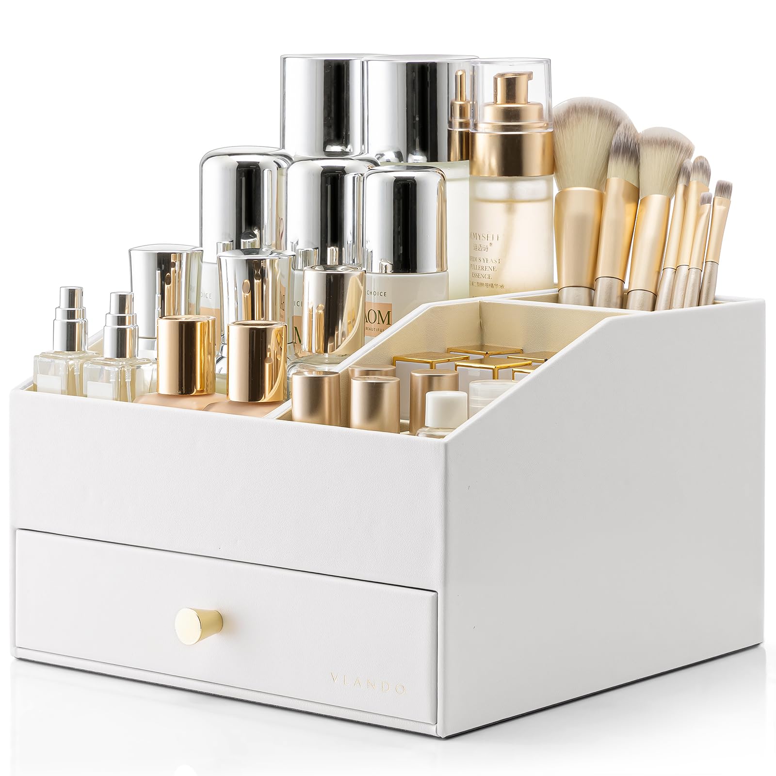 Vlando Makeup Organizer with 1 Drawers,Vanity Organizers and Storage,Large Capacity Cosmetic Organizers for Makeup Brush,Skincare,Lipstick,Perfume,Bathroom Bedroom Countertop Vanity Dresser,White