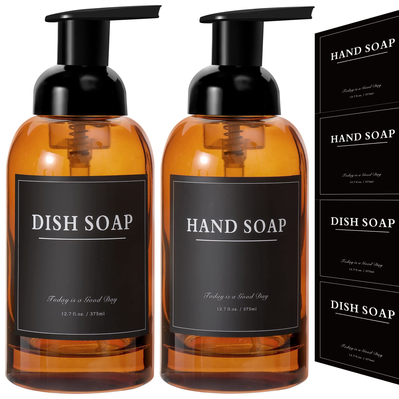 rejomiik 2 Pack Foaming Soap Dispenser Thick Glass Foam Hand Soap Dispenser for Bathroom or Kitchen Sink, 13 oz Pump Bottles for Hand soap, Body Wash, Clear Amber