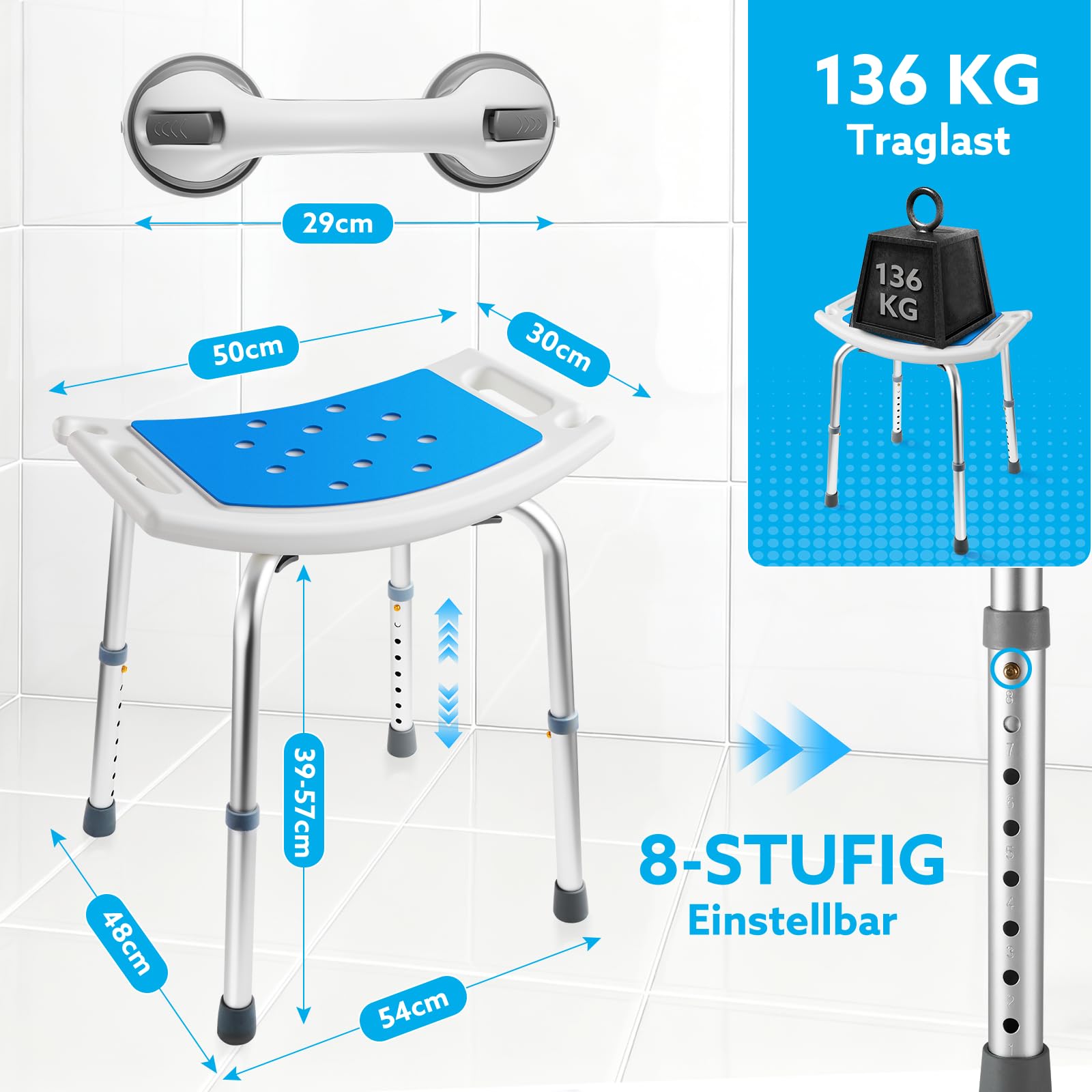 Duschhocker Höhenverstellbar 37-57cm, Duschstuhl 8 Stufen, Duschhocker für Senioren Belastbar bis 136kg, Badhocker mit Rutschfesten Gummifüßen für ältere Menschen, Blau