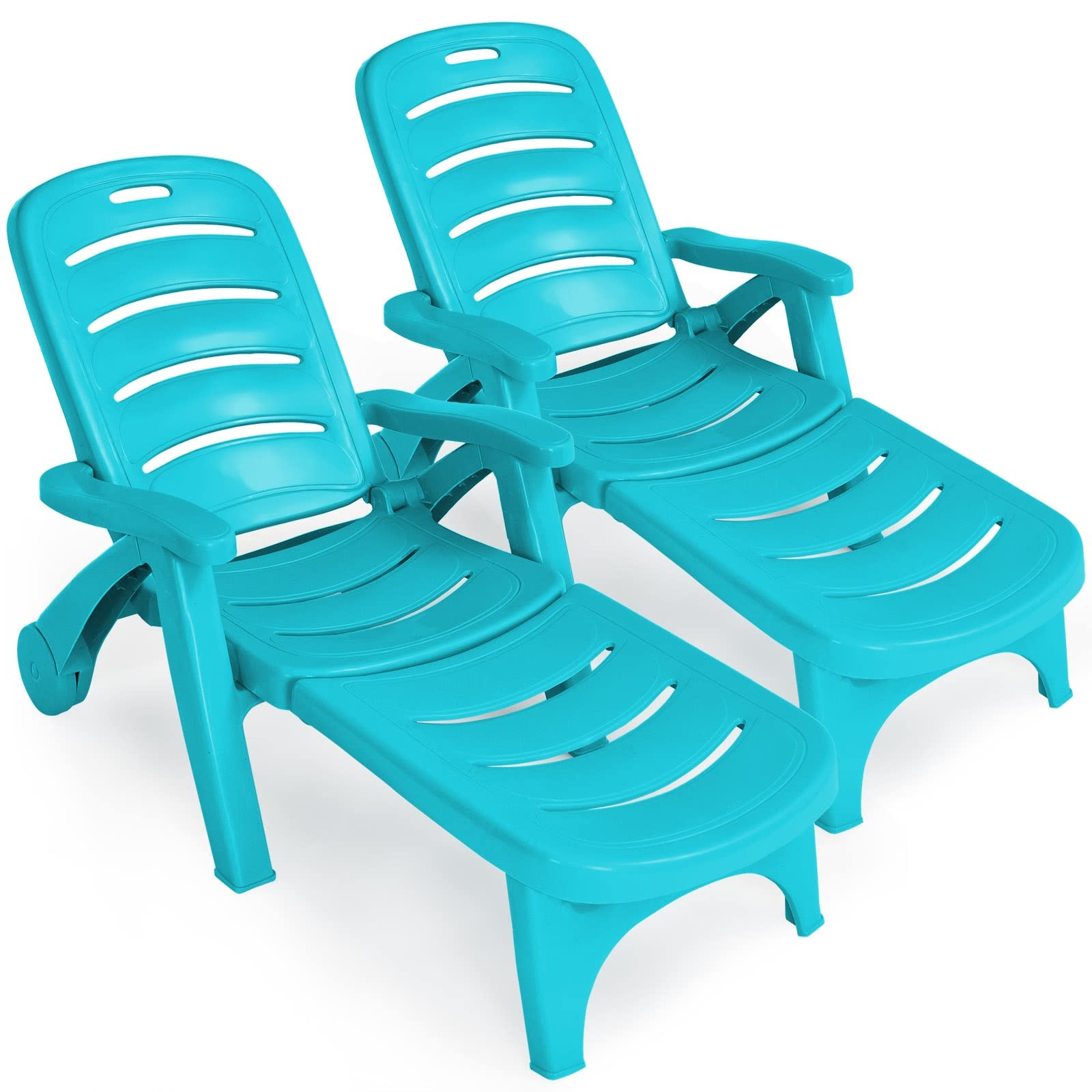 S AFSTAR Patio Chaise Lounge Chair, Folding Lounger Chair with 2 Flexible Wheels & 5 Adjustable Positions, Plastic Lounge Recliner for Outside